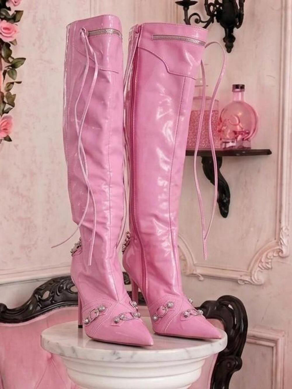 Pink Patent Leather Knee-High Boots with Buckles and Rhinestones